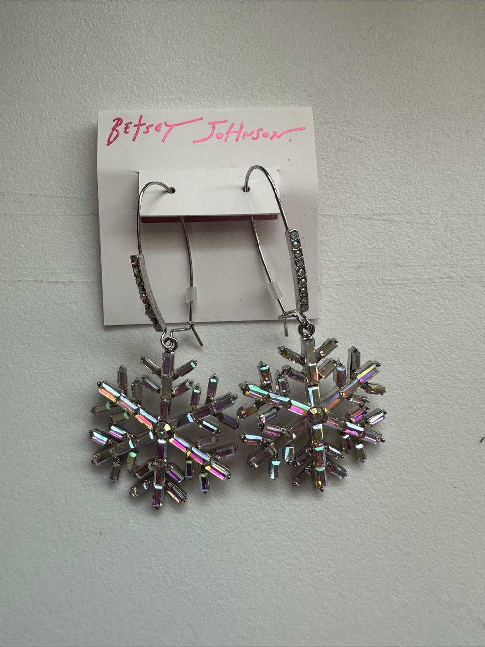 Betsey Johnson Silver Iridescent Snowflake Dangle Earrings
